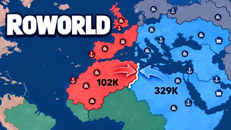 Official RoWorld thumbnail: red and blue territories on a world map