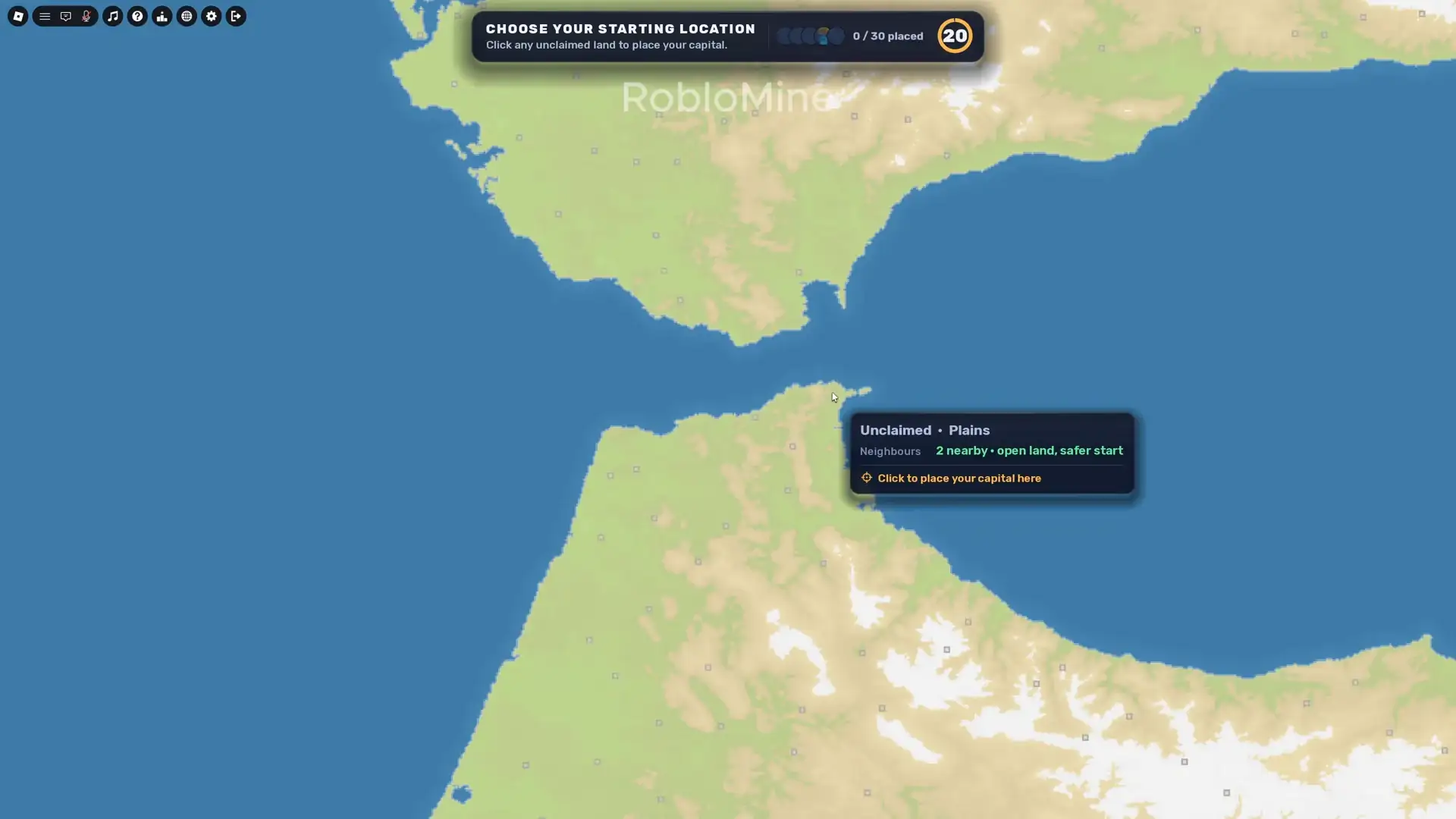 Historical RoFront spawn picker over Morocco and Western Sahara, from RobloMine gameplay