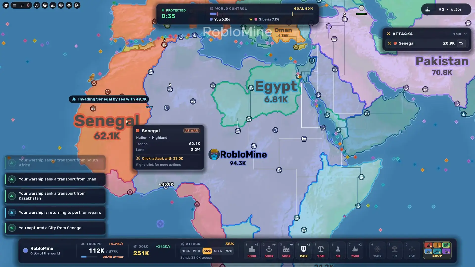 Historical RoFront HUD over Africa and the Middle East, from RobloMine gameplay