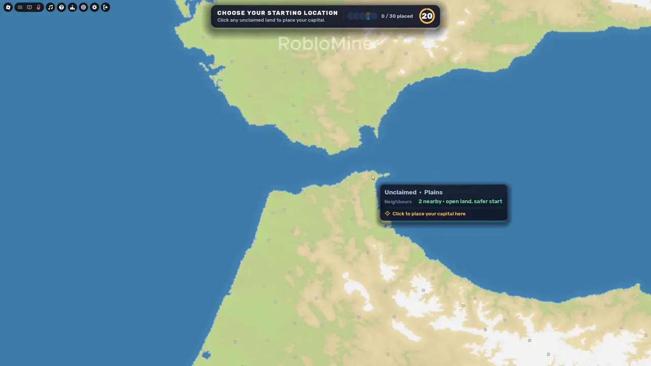 Historical RoFront spawn picker over Morocco and Western Sahara, from RobloMine gameplay